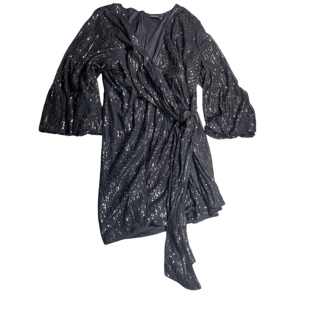 Double Crazy Womens 2XL Black Sequin Wrap Dress Long Sleeve Party Cocktail Plus